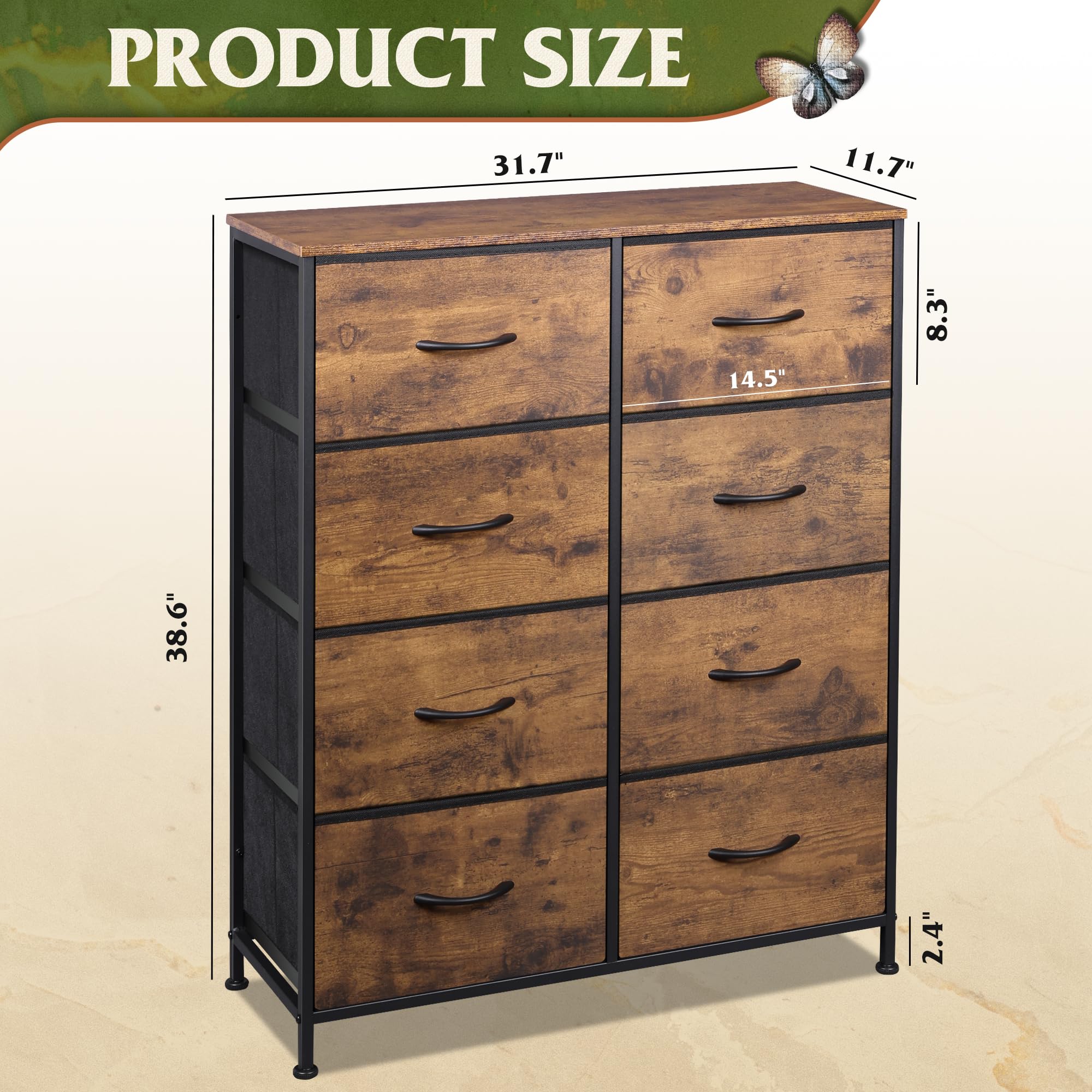 Wlive Tall Fabric Dresser With 8 Drawers, Storage Tower With Fabric Bins, Double Dresser, Chest Of Drawers For Closet, Bedroom, Living Room, Hallway, Dorm, Rustic Brown Wood Grain Print
