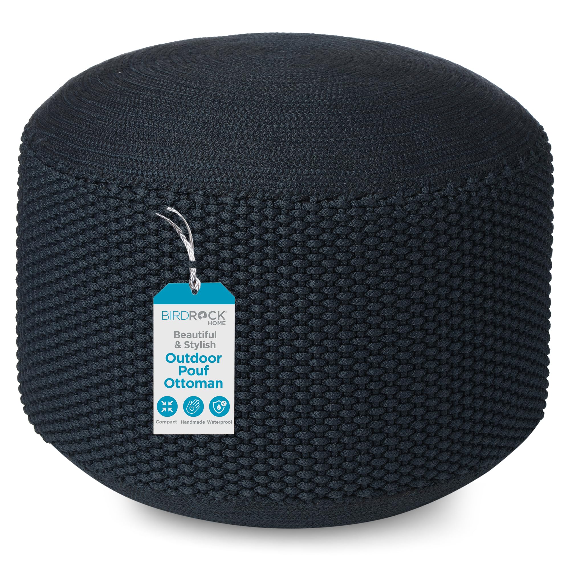 Birdrock Home Outdoor Pouf Ottoman | Hand Woven Waterproof Foot Stool With Bead Bag Filling | Boho Foot Rest For Patio, Living Room, Porch & Outdoor Seating | Lightweight, Soft Stuffed Chair | Navy