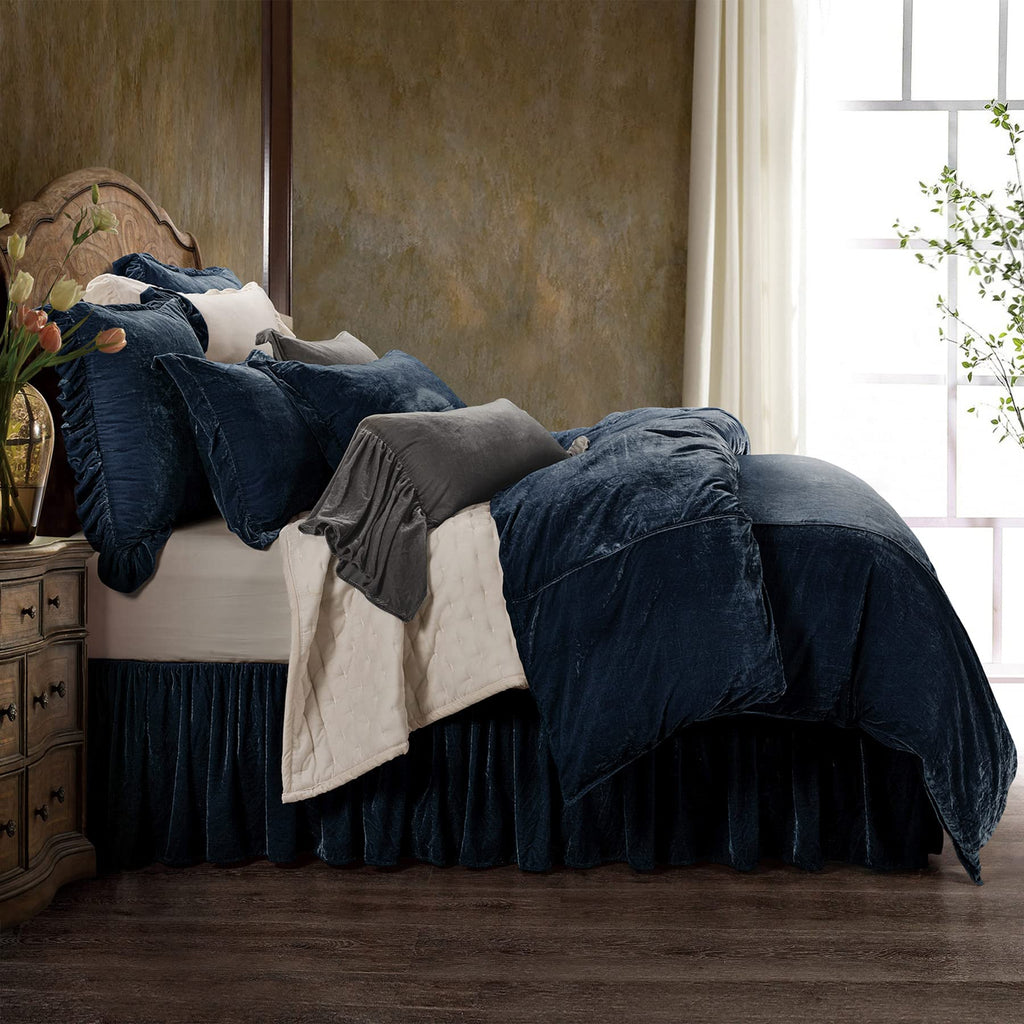 Hiend Accents Stella Faux Silk Velvet Bed Skirt, Midnight Blue, Super Queen Size, Romantic Modern Western Traditional Style Bedd
