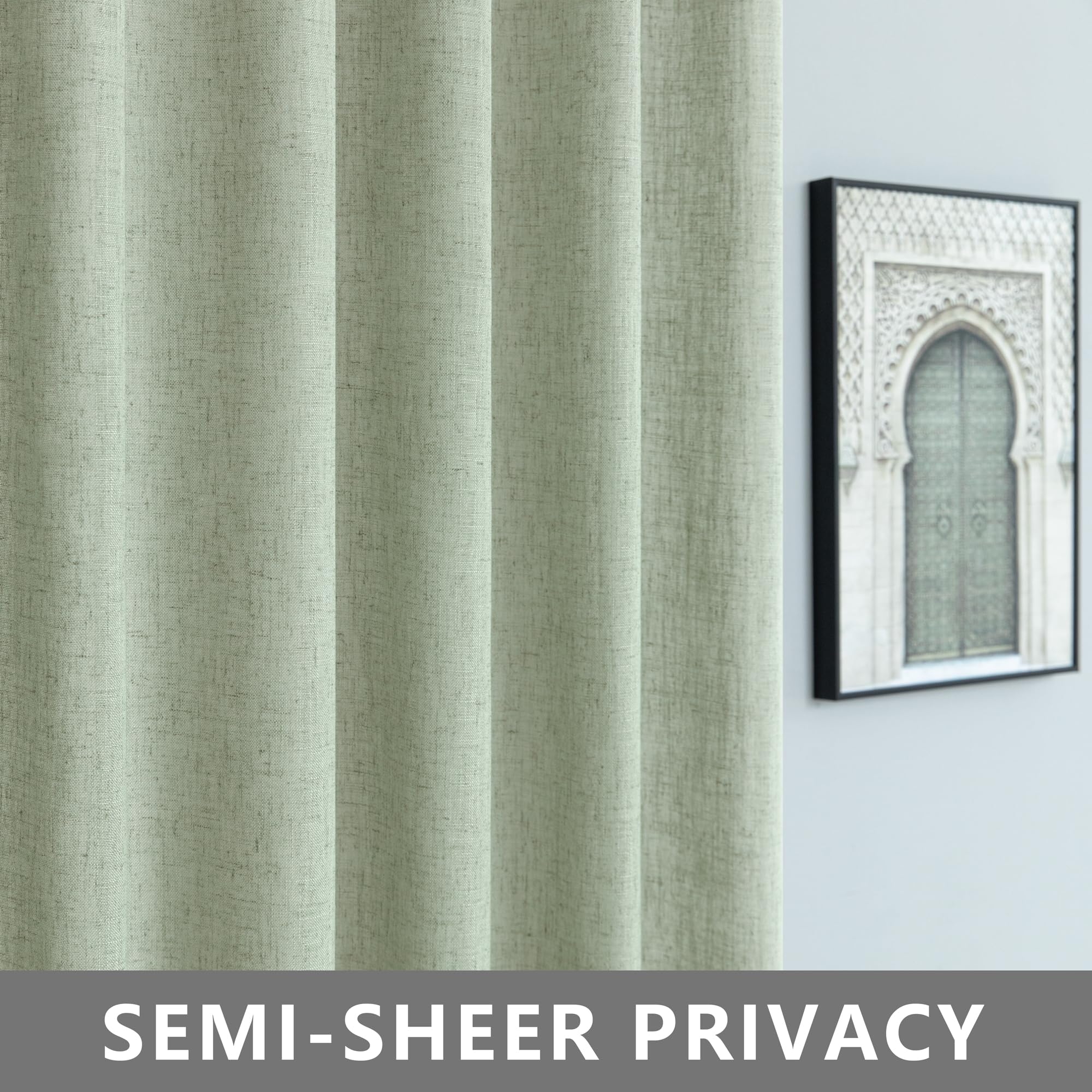 Koufall Sage Green Sheer Curtains 84 Inches Long Linen Boho Canopy Bed Curtains 84 Inch Length 2 Panels Set For Bedroom,Light Green