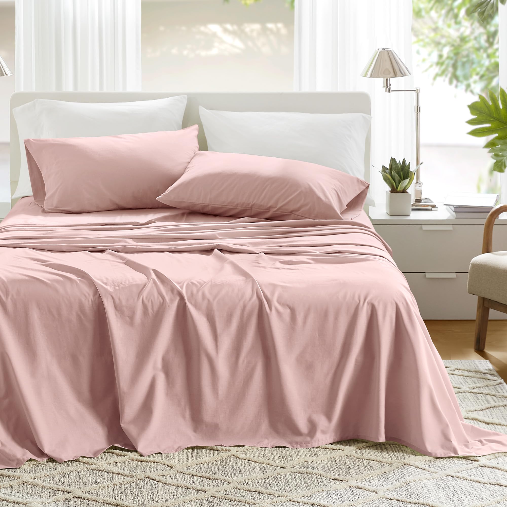 Comfort Spaces 100% Cotton Sheets Full, Breathable & Ultra Soft Cotton Sheets, Naturally Cool Cotton Bed Sheets With 14' Elastic Pocket Fits Up To 16' Mattress, All Seasons Sheet Set, Pink 4 Piece