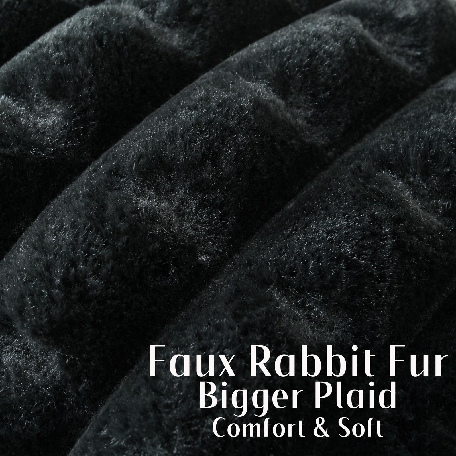 Futei Black Decorative Throw Pillow Covers 18X18 Inch Set Of 2, Square Soft Faux Rabbit Fur Big Plaid Cushion Cover,Home Decor F