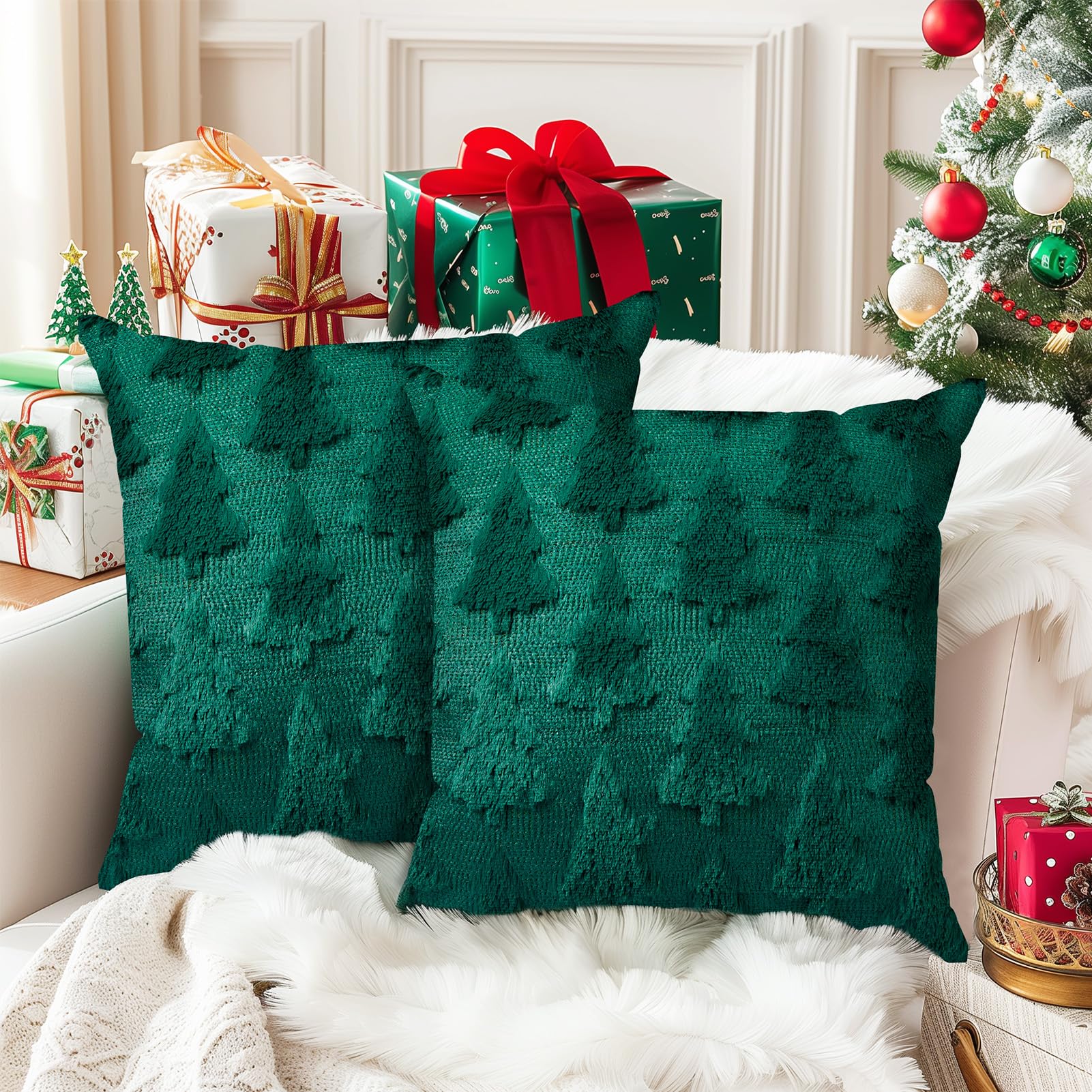 Brightown Christmas Tree 18X18 Throw Pillow Covers Set Of 2, Soft Fluffy Pillowcases For Home Decorative Boho Pillow Covers For