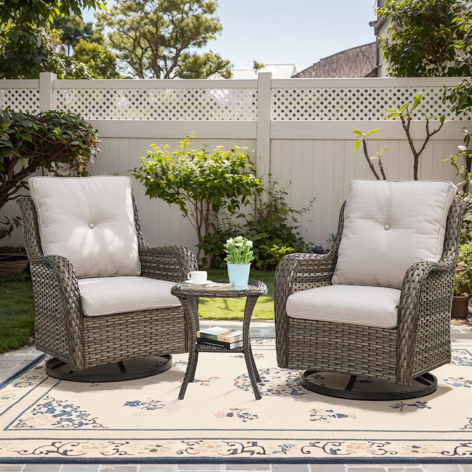 Belord 3 Pcs Patio Furniture Set - Mixed Grey Wicker Swivel Rocking Chairs With Side Table, Furniture Set For Outdoor