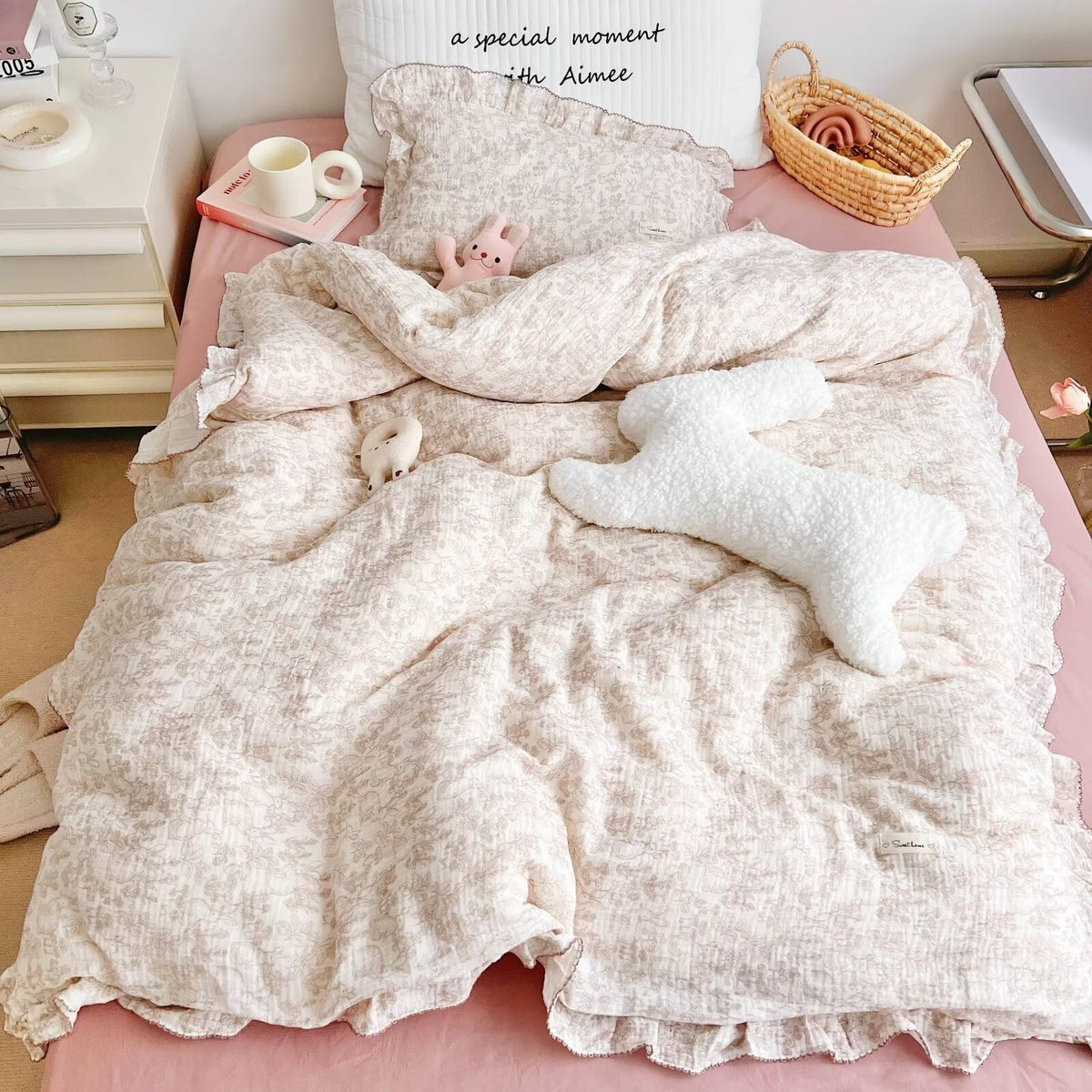Bulutu Cute Toddler Duvet Cover For Girls Boys Muslin Duvet Covers With Ruffles Kids Bedding Gauze Comforter Cover, 59'X79', F