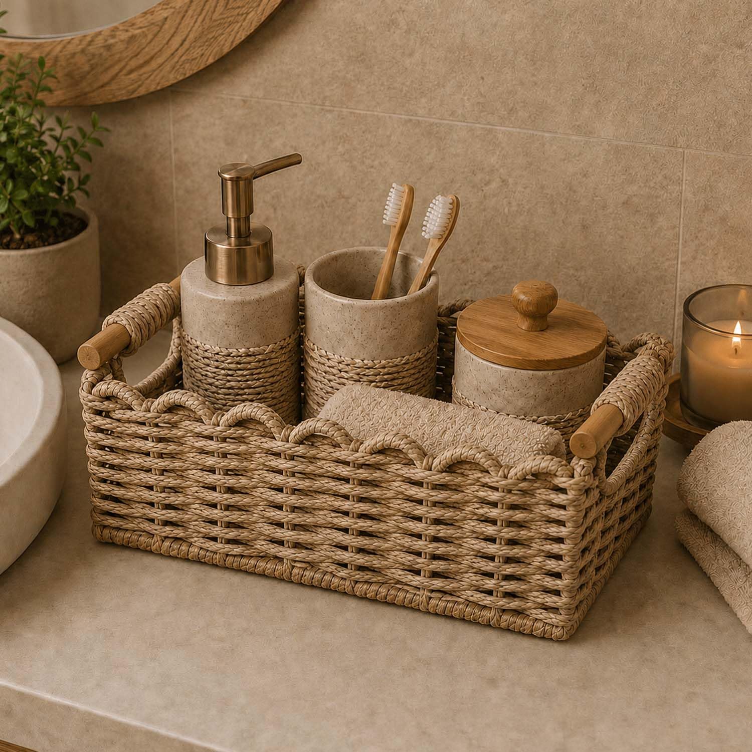 Go Hooked Handmade Raffia Storage Basket With Wooden Handles 12 Inch | Multipurpose Shelf Organizer Basket With Inner Metal Fram