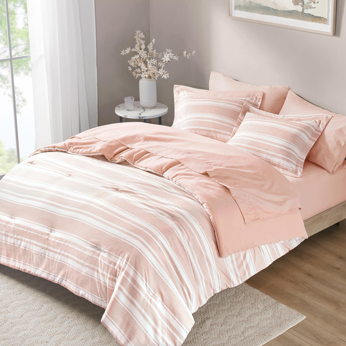 Codi Pink and White Queen Comforter Set with Sheets, Bed in a Bag for Women, 7 Piece Complete Bedding Sets with 1 Striped Comfor