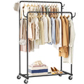 HogHow Clothes Rack, Rolling Clothing Rack with Double Rods for Hanging Clothes, Portable Garment Rack with Wheels, Metal Wardro