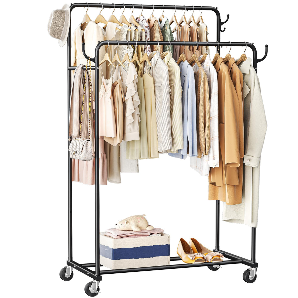HogHow Clothes Rack, Rolling Clothing Rack with Double Rods for Hanging Clothes, Portable Garment Rack with Wheels, Metal Wardro