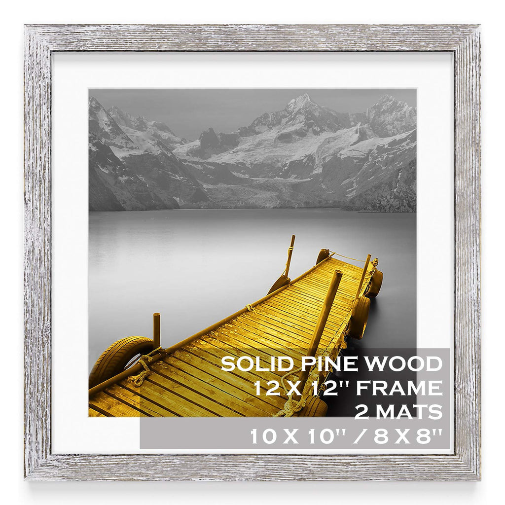 12x12 Picture Frames Wood Rustic Distressed White Display Pictures 10x10 or 8x8 with Mat or 12x12 without Mat - 12x12 Inch Squar