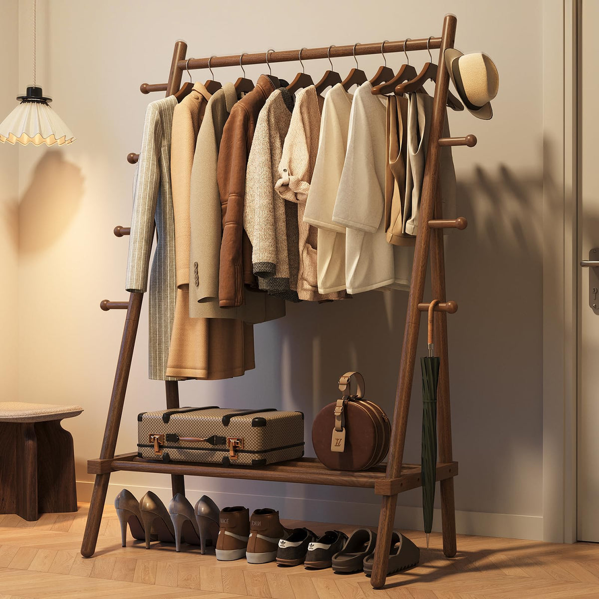 Yoobure Solid Wood Clothes Rack  Heavy Duty Clothing Racks for Hanging Clothes with 8 Hooks, Portable Garment Rack for Dress Sh