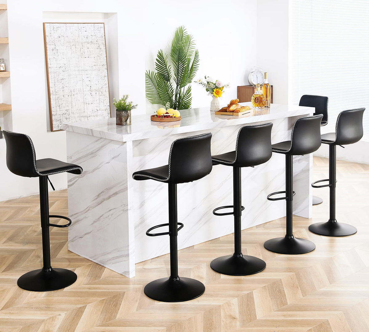 Heugah Swivel Bar Stools Set Of 6, Counter Height Bar Stools With Back, Adjustable Bar Stools 24' To 32', Black Faux Leather Bar Stools For Kitchen Island (Black, Set Of 6 (24'' To 32''))