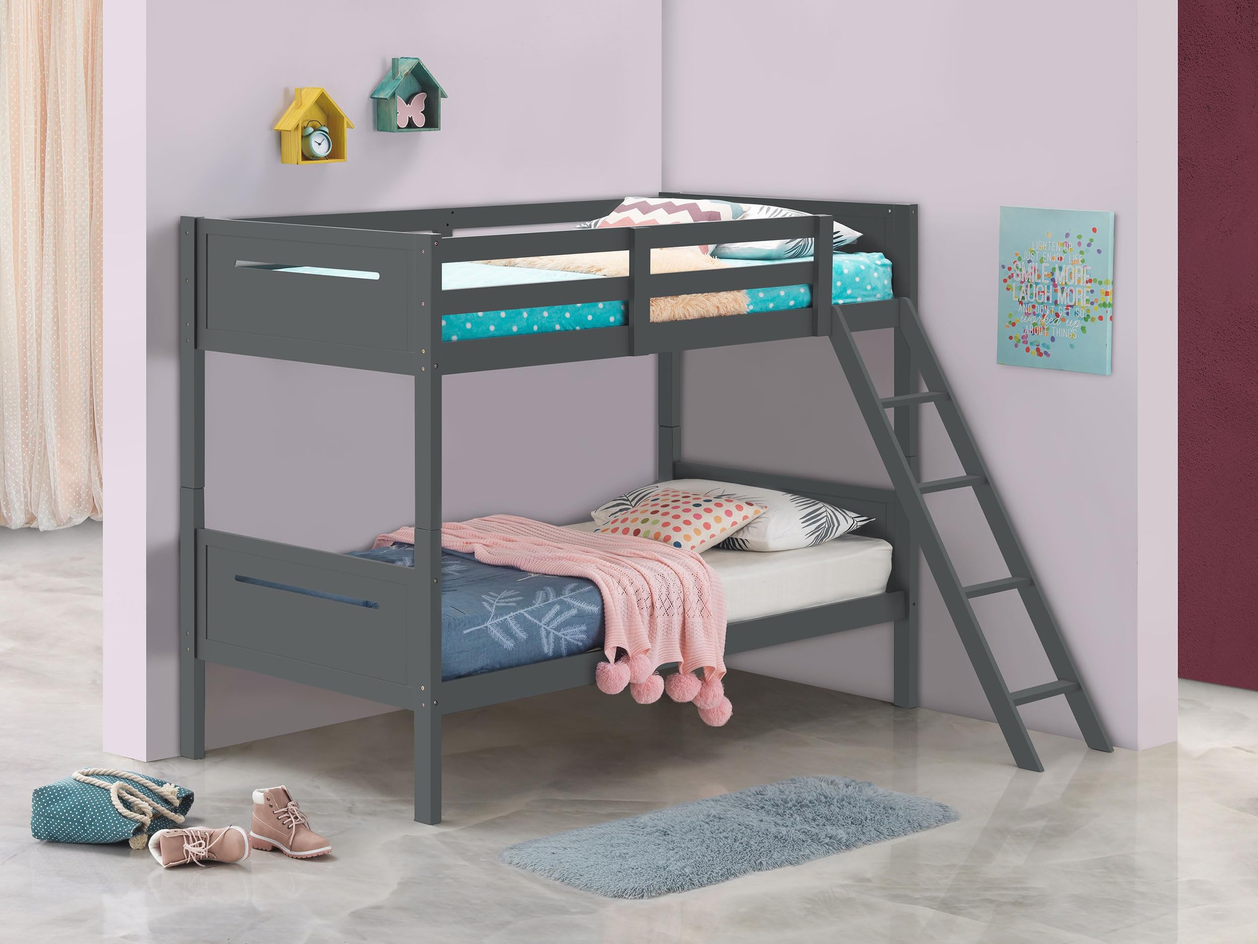 Coaster Home Furnishings Littleton Transitional Wood Twin Over Twin Size Bunk Bed Frame with Ladder and Guardrails Fully Slatted Mattress Ready Foundation Grey 405051GRY