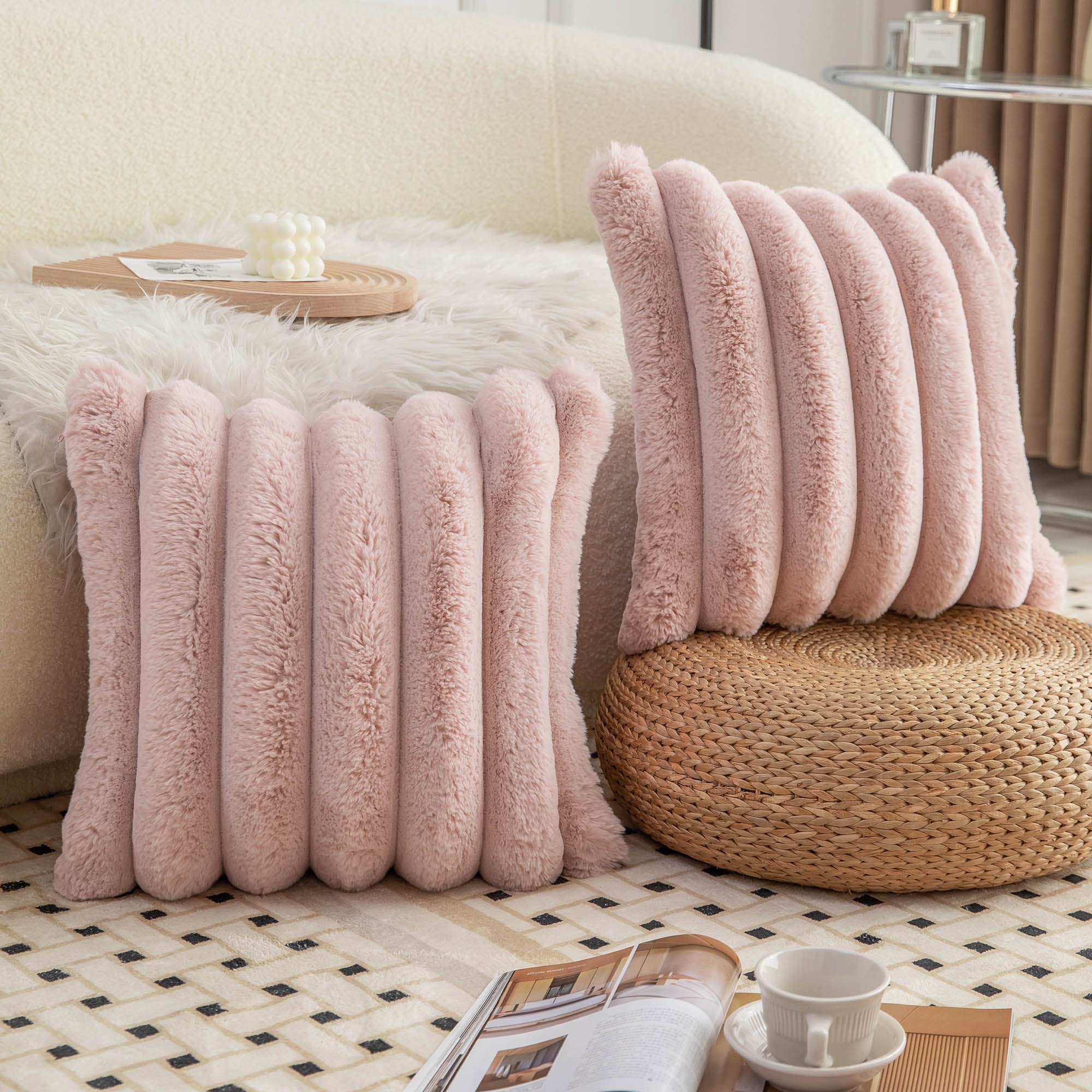 Neelvin Pink Faux Fur Cozy Soft Striped Decorative Throw Pillow Covers 20X20 Inch Set Of 2,Velvet Pillowcase Cushion Case For So