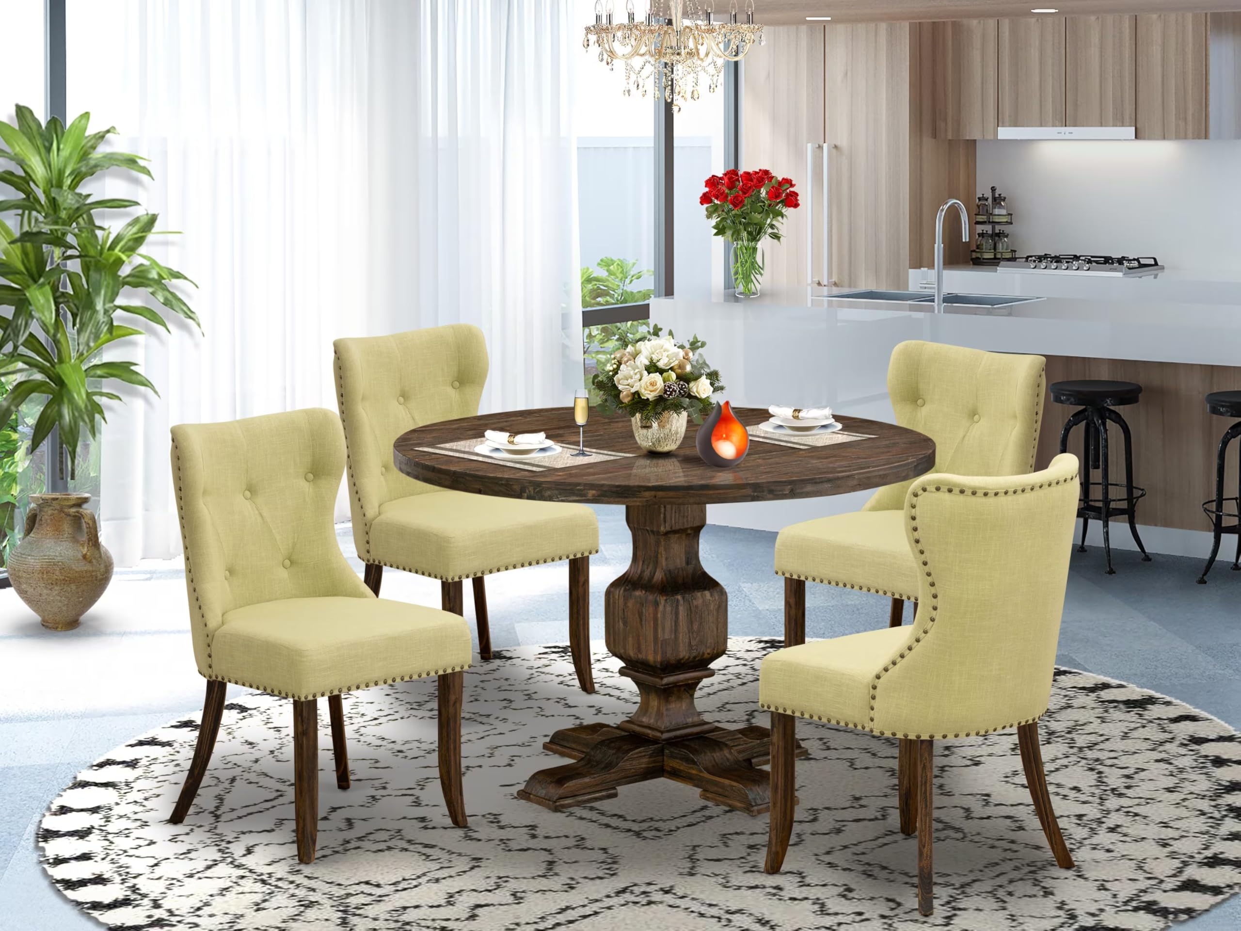 East West Furniture I3SI5-737 5 Piece Dining Set Includes a Round Dining Room Table with Pedestal and 4 Limelight Linen Fabric Upholstered Chairs, 48x48 Inch, Distressed Jacobean