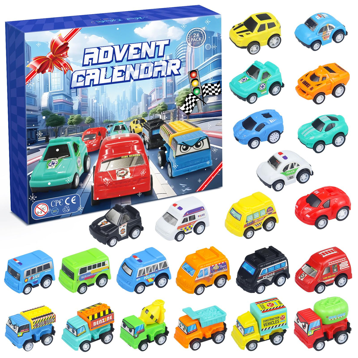 Advent Calendar 2024 Boys, 24 Days Christmas Countdown Calendar Pull Back Cars for Kids, With Cars and Construction Vehicles Set