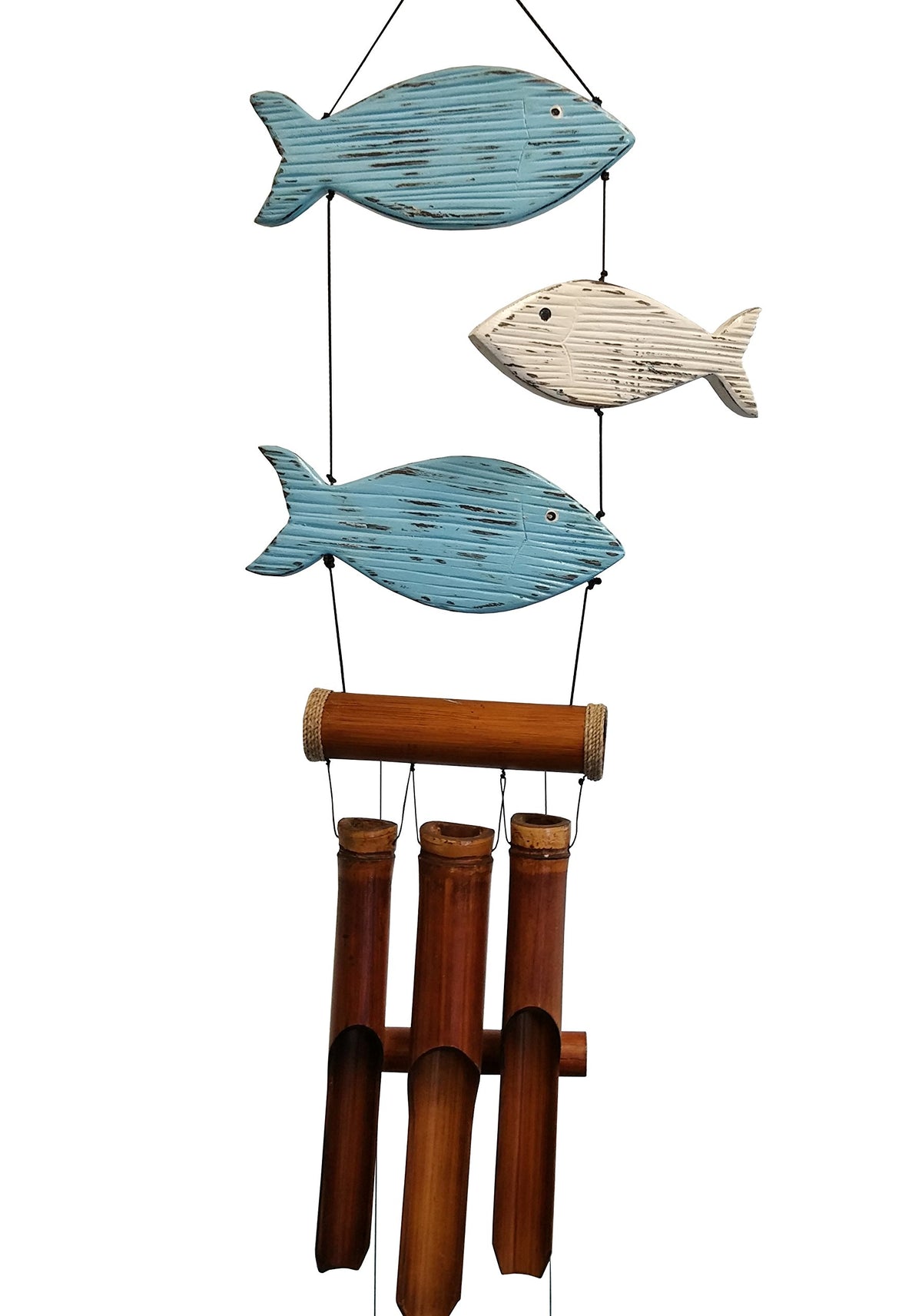 Cohasset Gifts 195 Cohasset Fun Fish Bamboo Wind Chime, Blue & White Distressed Finish