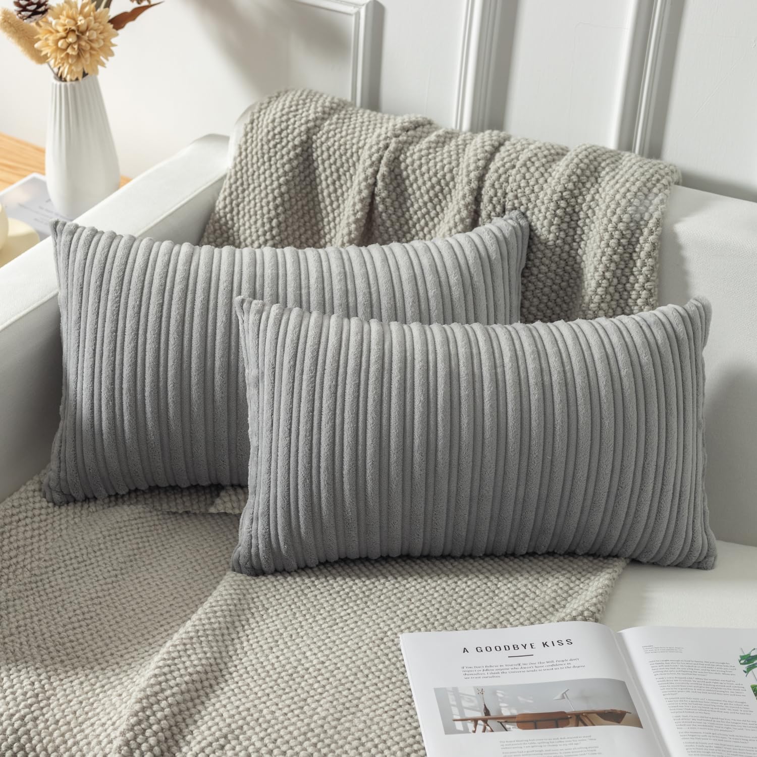 Kevin Textile Oblong Pillow Decorative Striped Corduroy Rectangle Cushion Cover Oblong Pillow Cover For Couch, 12 X 20 Inches, S