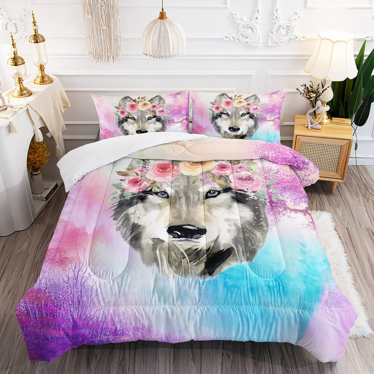 Xynhml Wolf Comforter Set Tie Dye Wolf Bedding Set For Kids Teens Room Decor Romantic Pink Rose Wild Animals Comforter With 2 Pi
