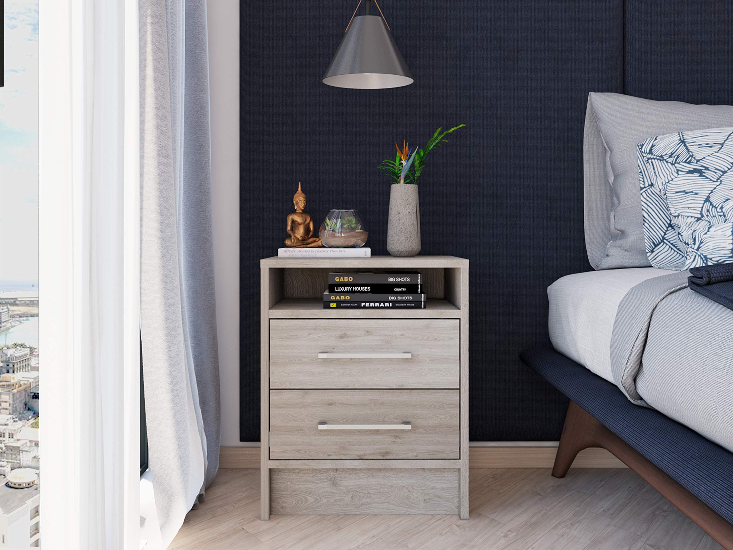 Nightstand 20" H, 2 Drawers, Superior Top, Metal Handles, Light Gray