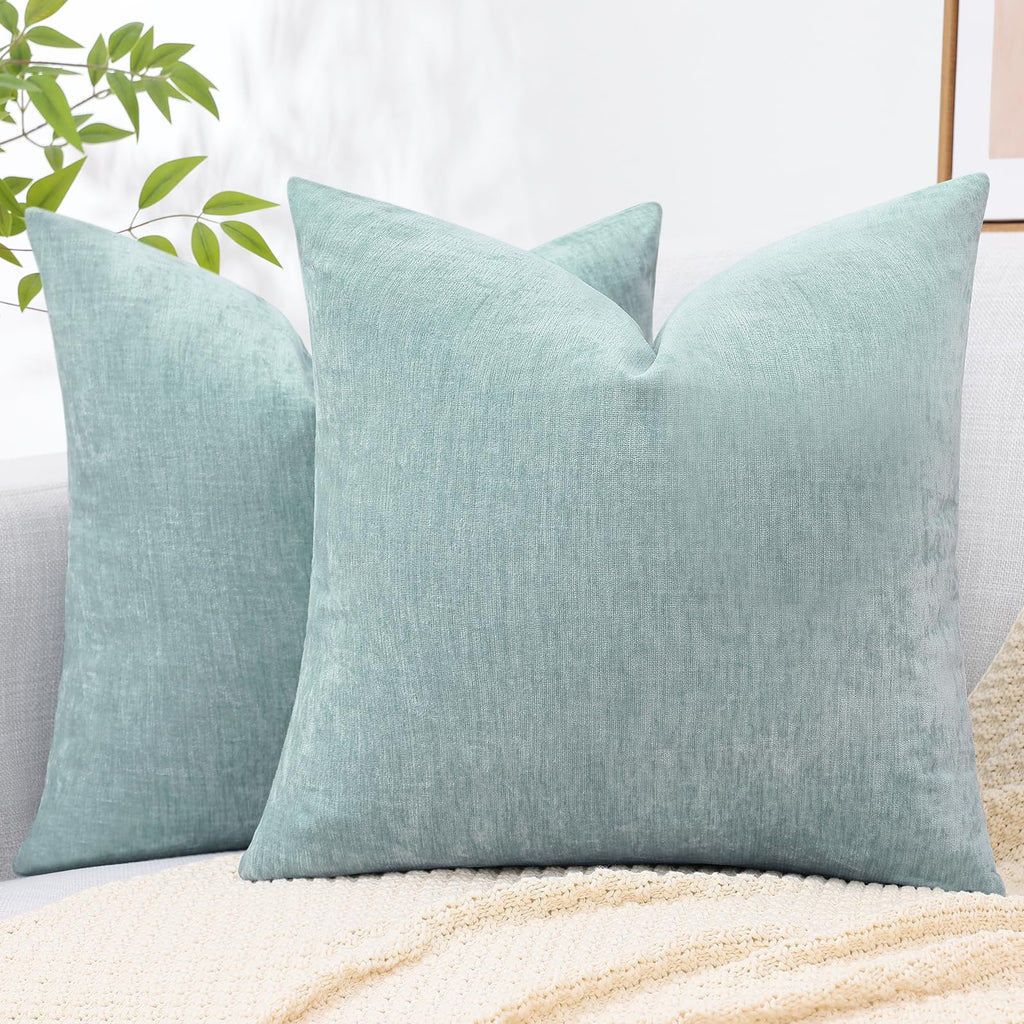 Decoruhome Couch Throw Pillow Covers 18X18 Set Of 2, Decorative Soft Chenille Solid Dyed Spring Pillow Covers For Sofa Bed Living Room, Aqua Haze