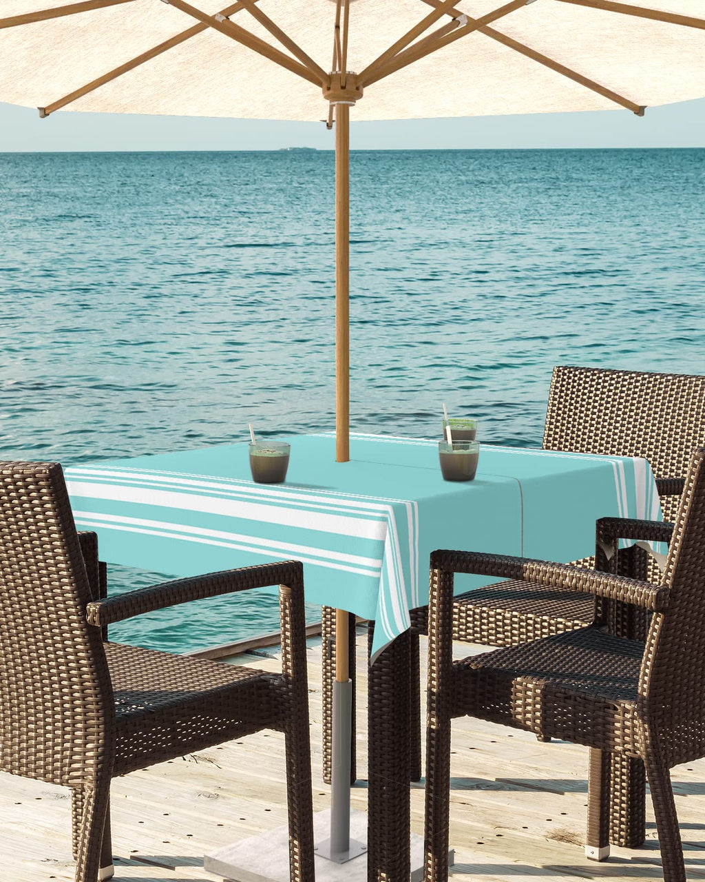 Queenker Outdoor Tablecloth With Umbrella Hole, Farmhouse Teal White Stripe Square Tables Waterproof Tabletop Collection For Pat