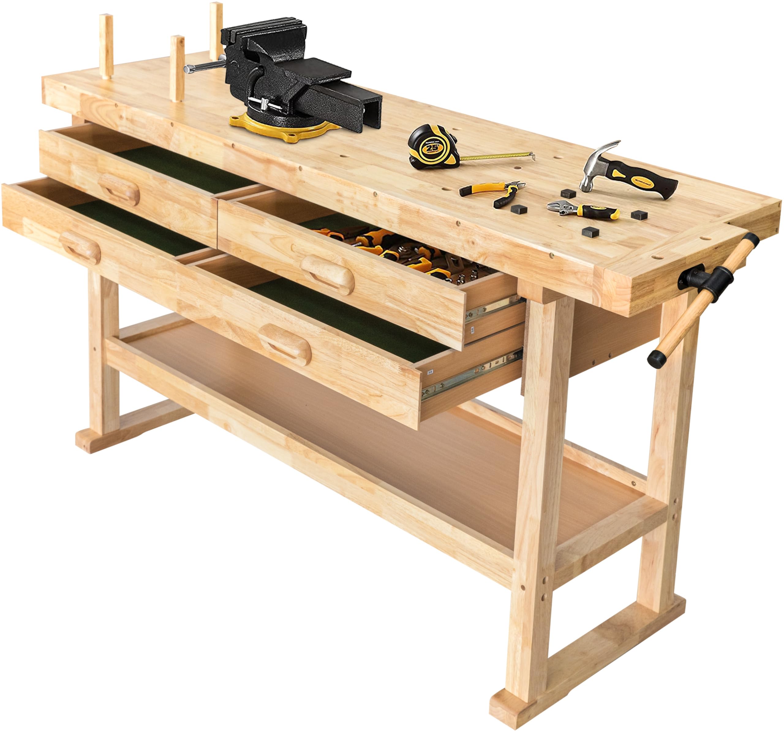 Olympia Tools 60-Inch Wooden Workbench - Rubberwood Workbench With 4-Drawer, 450Lbs Weight Capacity - Perfect Workbench For Gara