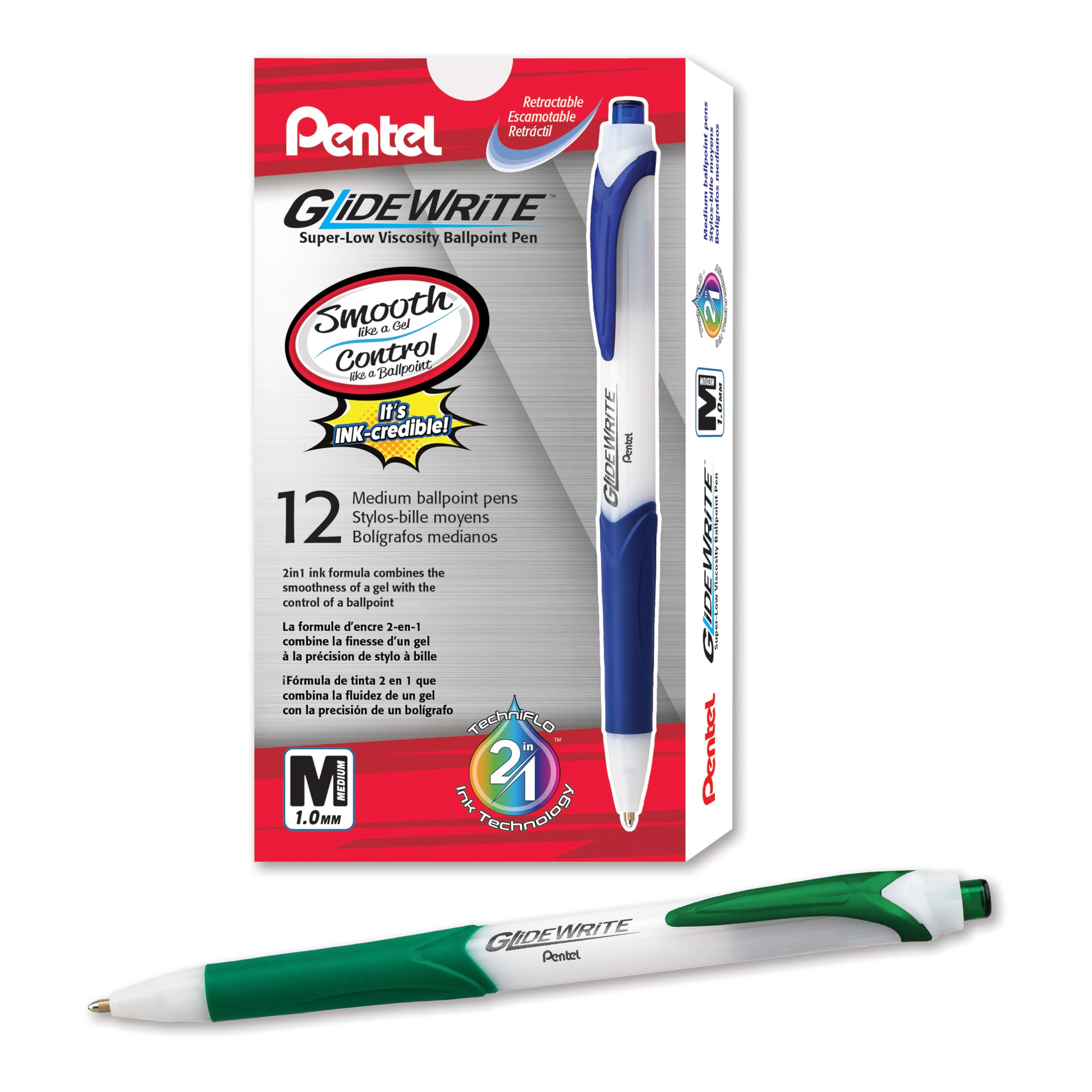 Pentel Glidewrite Ballpoint Pen With Techniflo Ink, (1.0Mm) Medium Line, Green Ink, Pack Of 12