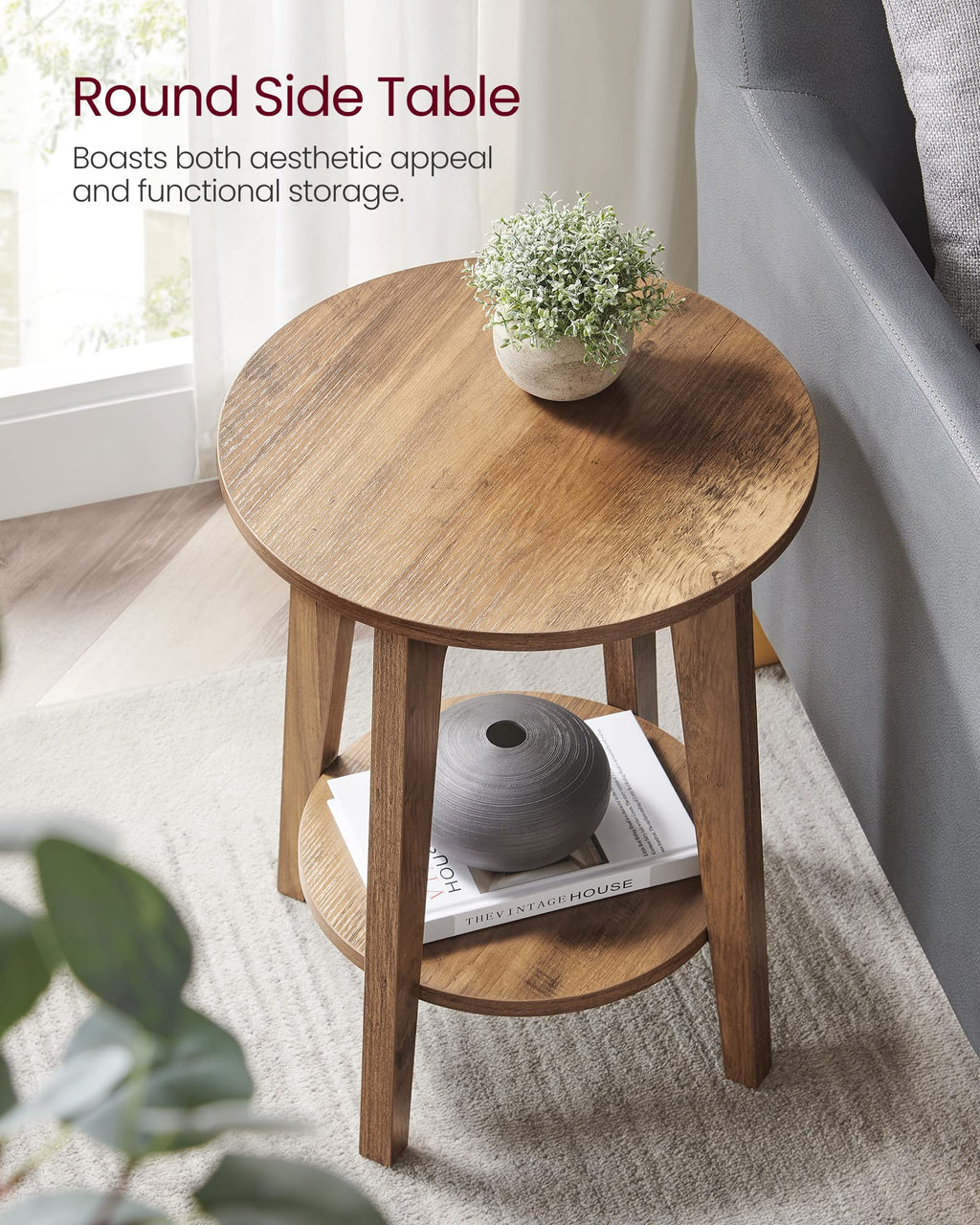 VASAGLE Set of 2 Round Side Tables Rustic Walnut Engineered Wood 15.8"Dia.
