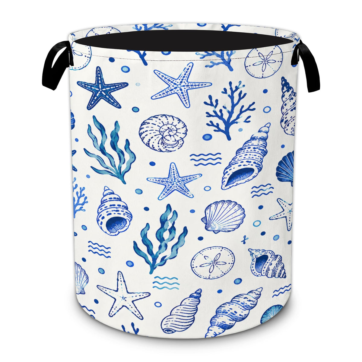 Summer Shells Foldable Laundry Basket with Handles,Blue Starfish Oxford Clothes Hamper, Decorative Portable Storage Basket for B