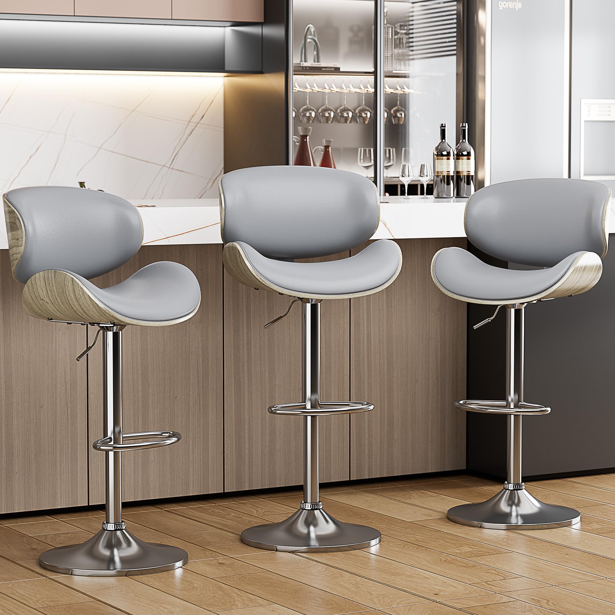 Yafiti Bar Stools Set Of 3, Bentwood Adjustable Height Swivel Bar Stools, Pu Leather Upholstered Bar Chair With Back And Footres