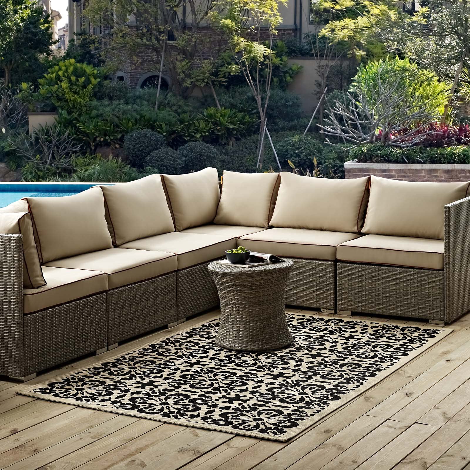 Modway Ariana Vintage Floral Trellis 9X12 Indoor And Outdoor Area Rug In Black And Beige