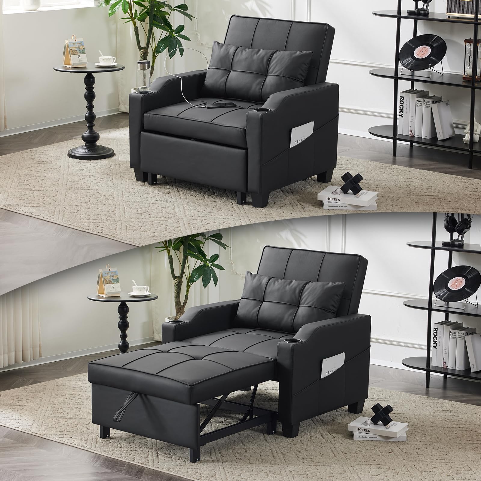 VINGLI Black Sleeper Chair Bed 3-in-1 Convertible Futon Sofa Bed Pull Out Couch Bed Adjustable Recliner Chair with USB Ports Cup