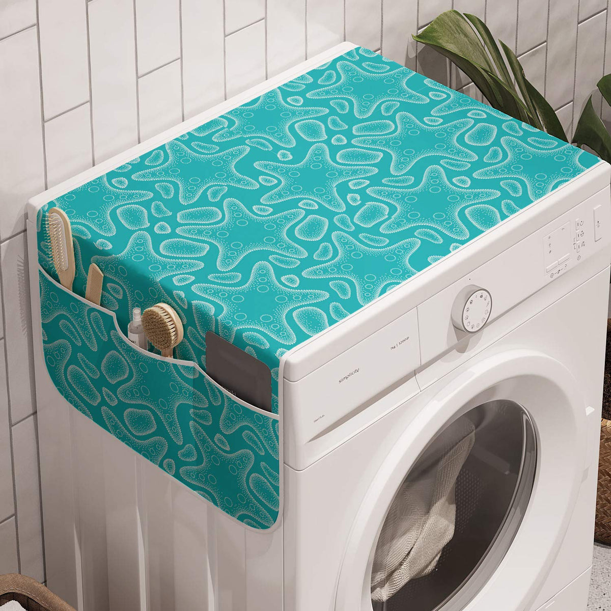 Lunarable Starfish Washing Machine Organizer, Monochrome Dotwork Illustration With Abstract Nautical Elements, Anti-Slip Fabric