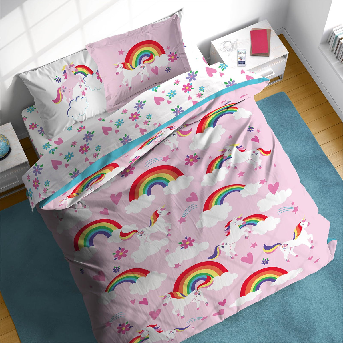 Sunny Side Up Rainbow Unicorns Full Comforter Set - 7 Piece Kids Bedding Includes Comforter, Sheets & Pillow Cover - Super Soft
