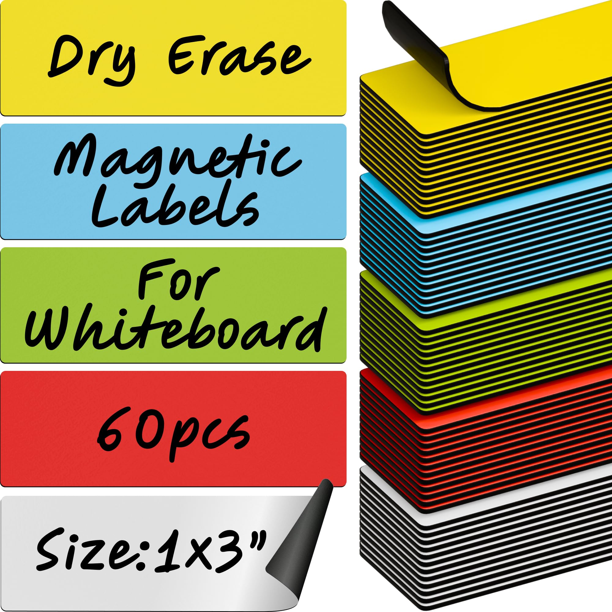 Dry Erase Magnetic Labels 60Pcs, 1'  3'  0.7Mm (Multicolor: White, Red, Blue, Yellow, Green)