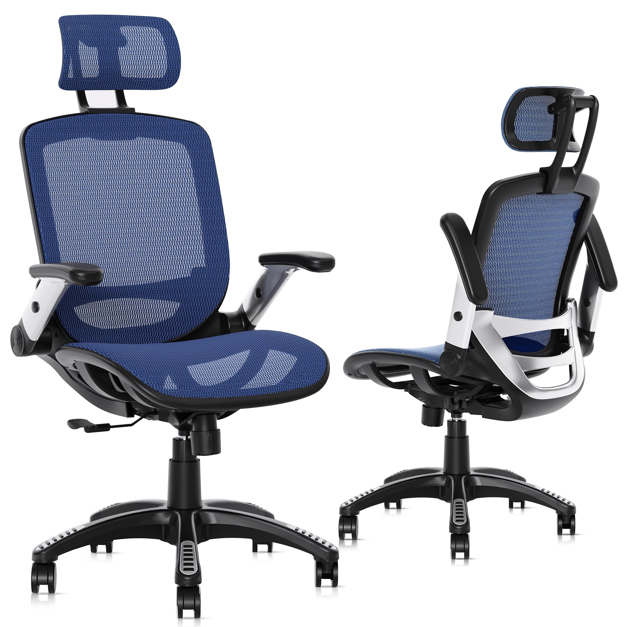 Gabrylly Ergonomic Office Chair, High Back Mesh Desk Chair With Adjustable Headrest, Flip-Up Arms, 90-120° Tilt Lock, Lumbar Support And Comfy Seat, Swivel Computer Task Chair, Blue