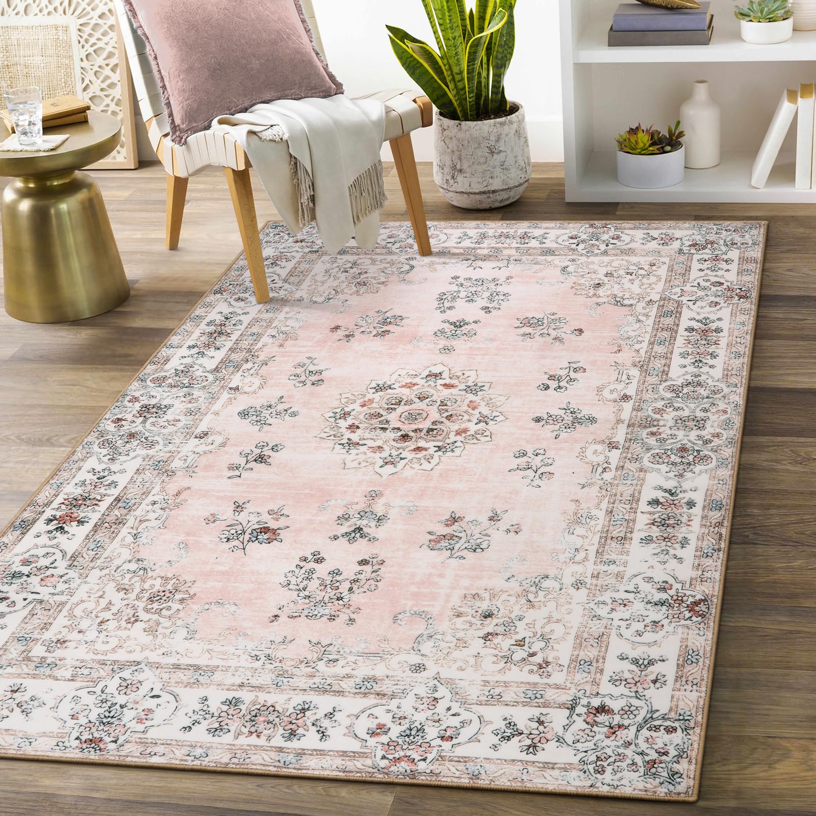 Lahome Boho Machine Washable 3x5 Area Rug,Soft Office Pink Rug for Girls Bedroom Nursery Mat,Ultra-Thin Non-Slip Kitchen Carpet 