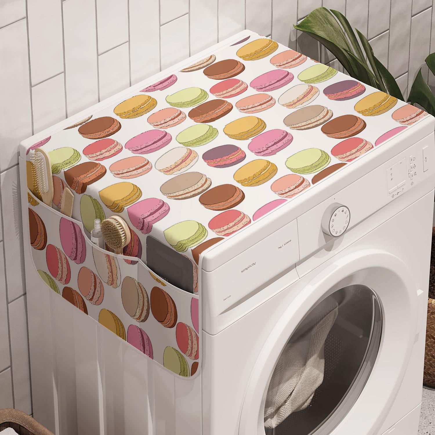 Lunarable French Party Washing Machine Organizer, Repetitive Pattern Of Dessert Colorful Macaroons In Doodle Style Image, Anti-S