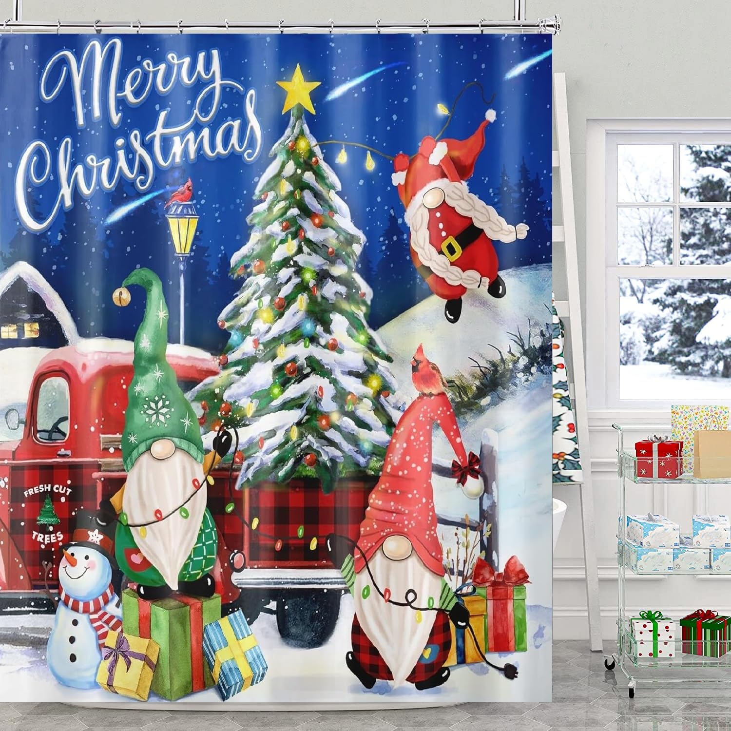 Bivinar Gnome Christmas Shower Curtain 72 X 72 Inch, Merry Christmas Red Truck With Christmas Tree Shower Curtain, Winter Blue N