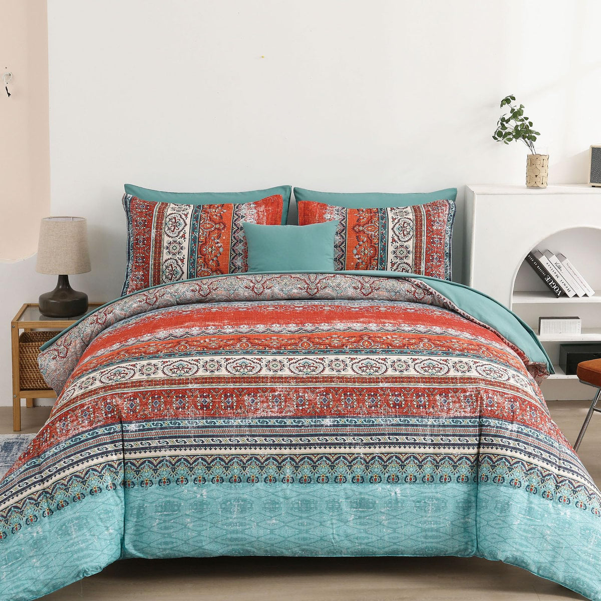 Boho Queen Comforter Set 8 Pieces, Terracotta Comforter Bohemian Striped Bed In A Bag,Soft Microfiber Bedding Set For All Season
