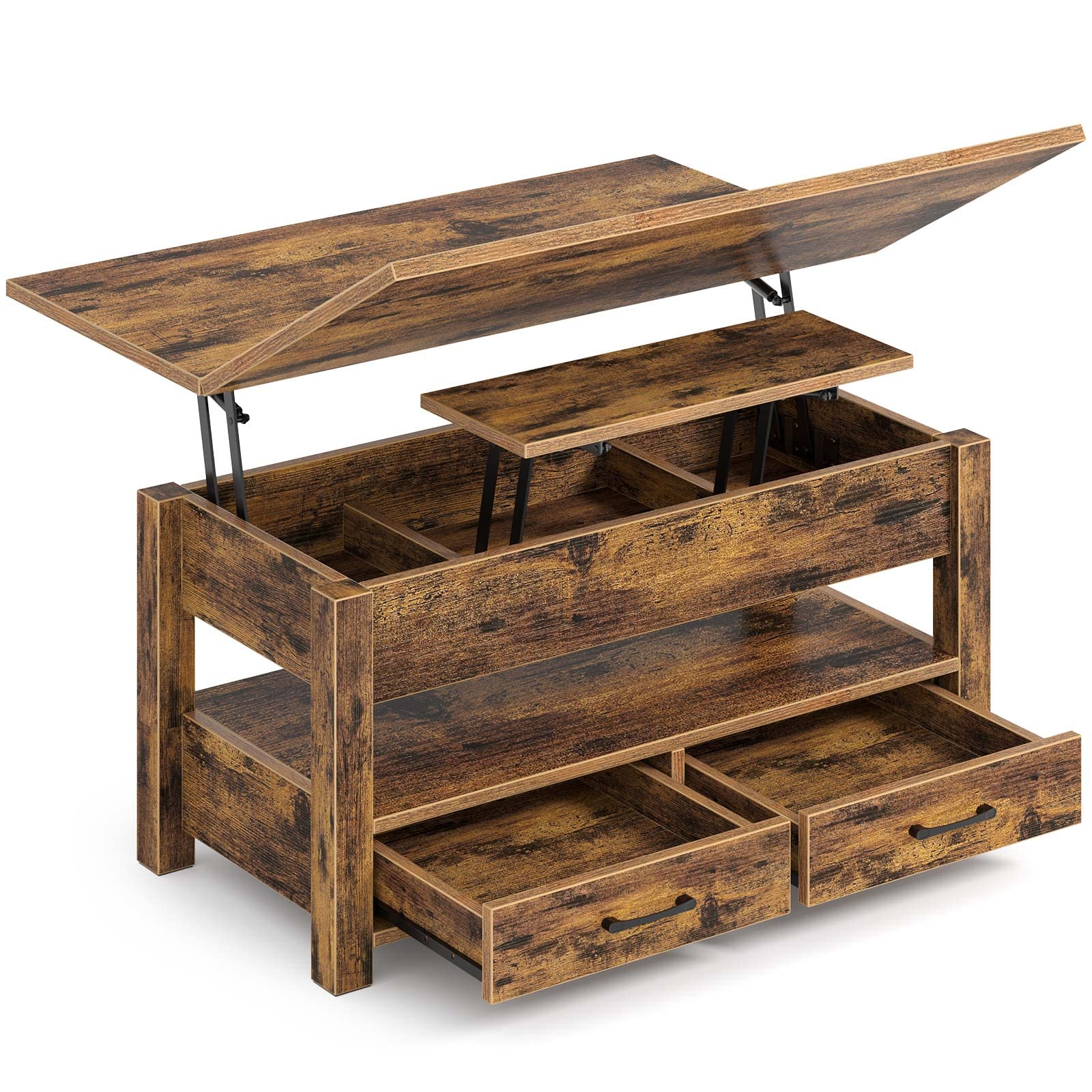 Rolanstar Coffee Table Lift Top, Multi-Function Convertible Coffee Table With Drawers And Hidden Compartment, Coffee Table Converts To Dining Table For Living Room, Home Office, Rustic Brown