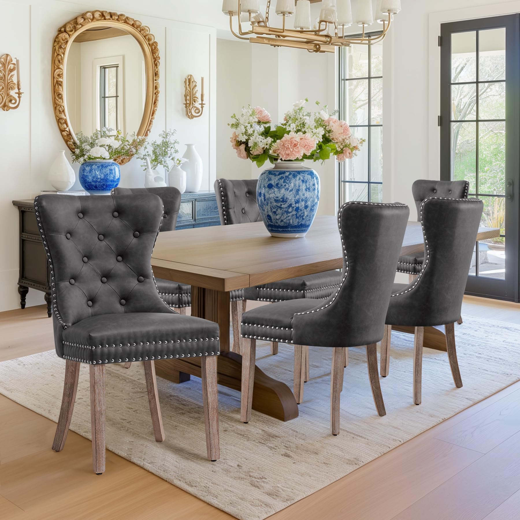 Chun Yi Faux Leather Dining Chairs Set Of 4, Tufted Wingback Upholstered Dining Room Chairs With Nailhead And Wood Legs, Mid Cen