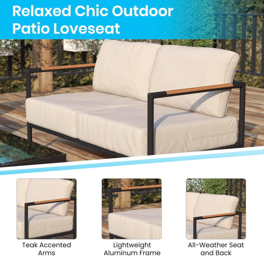 Flash Furniture Lea Indoor/Outdoor Patio Loveseat with Cushions-Modern Aluminum Framed Loveseat with Teak Accent Arms, Black with Beige Cushions
