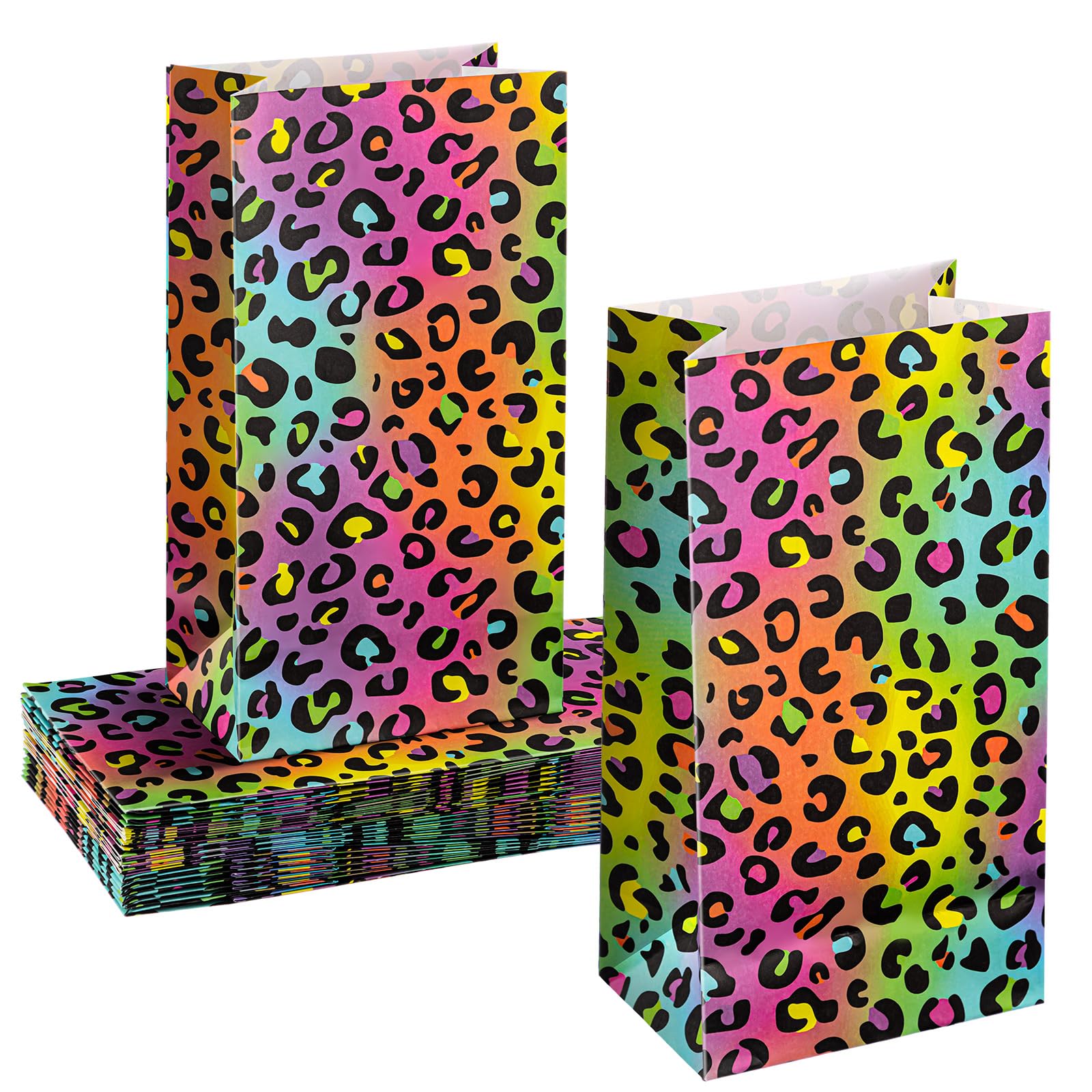 Leinuosen 24 Pcs Neon Rainbow Leopard Paper Bags Cheetah Birthday Party Favor Cheetah Paper Treat Bags for Leopard Birthday Brid