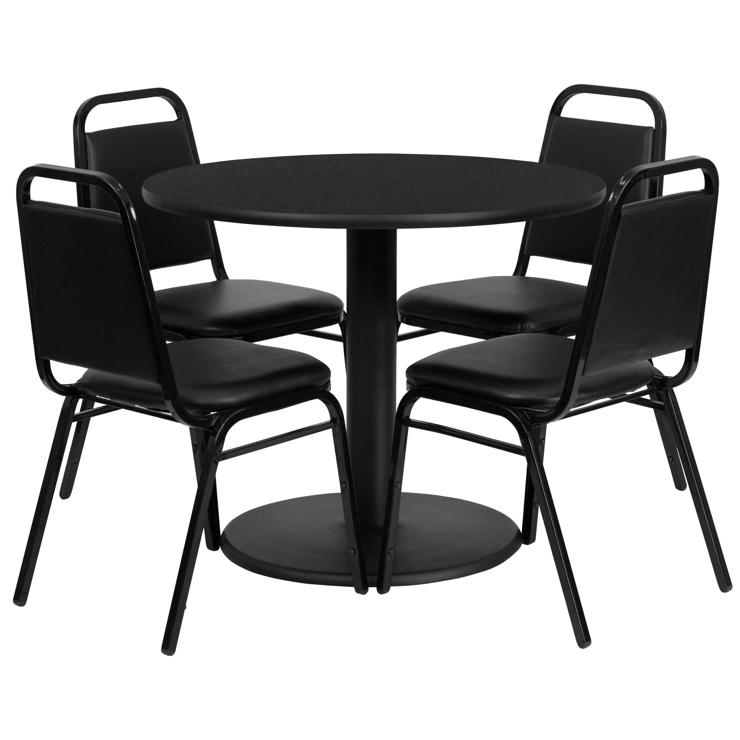 Flash Furniture Carlton 36'' Round Black Laminate Table Set with X-Base and 4 Black Trapezoidal Back Banquet Chairs