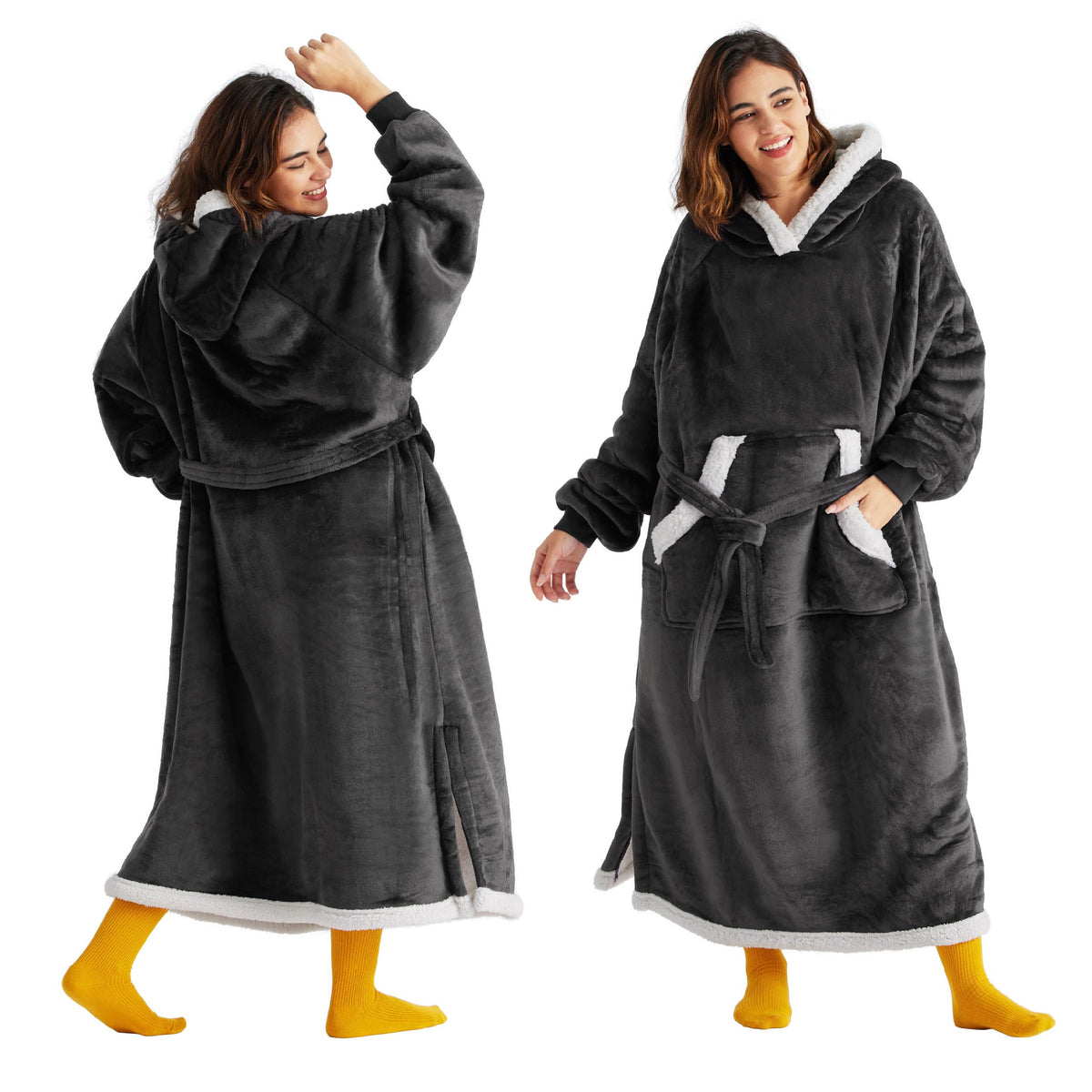Bedsure Ovesized Wearable Blanket Hoodie, Long Sherpa Fleece Blanket Sweatshirt, With Warm Big Hood, Side Split And Belt, Charco