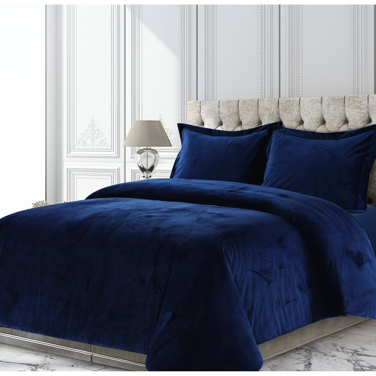 Tribeca Living Veniceduvet Venice Velvet Oversized Solid Duvet Set,3 Pcs, Queen, Navy Blue