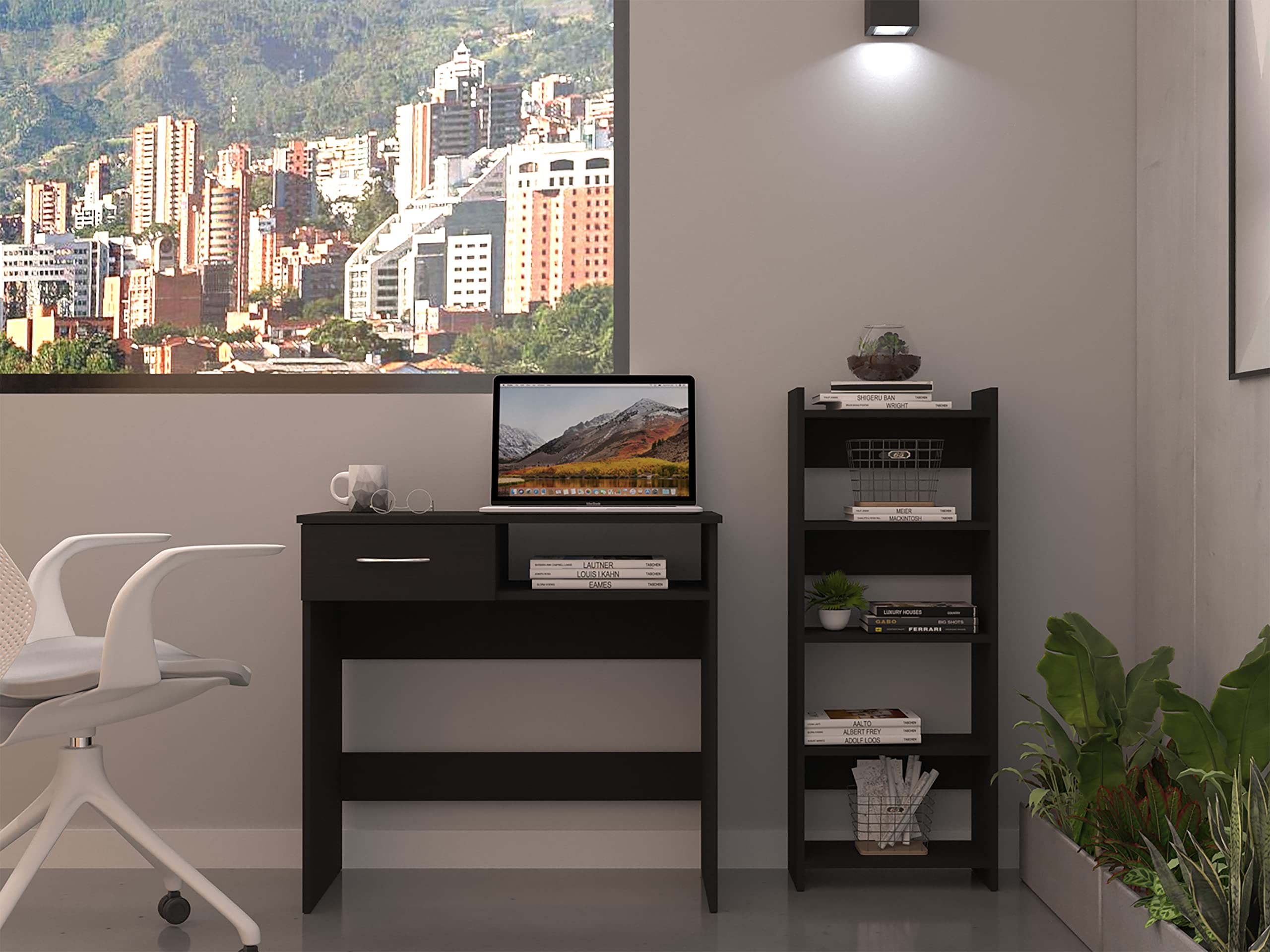 Treia Home Office Set with Computer Desk and Free-Standing Bookcase, Black