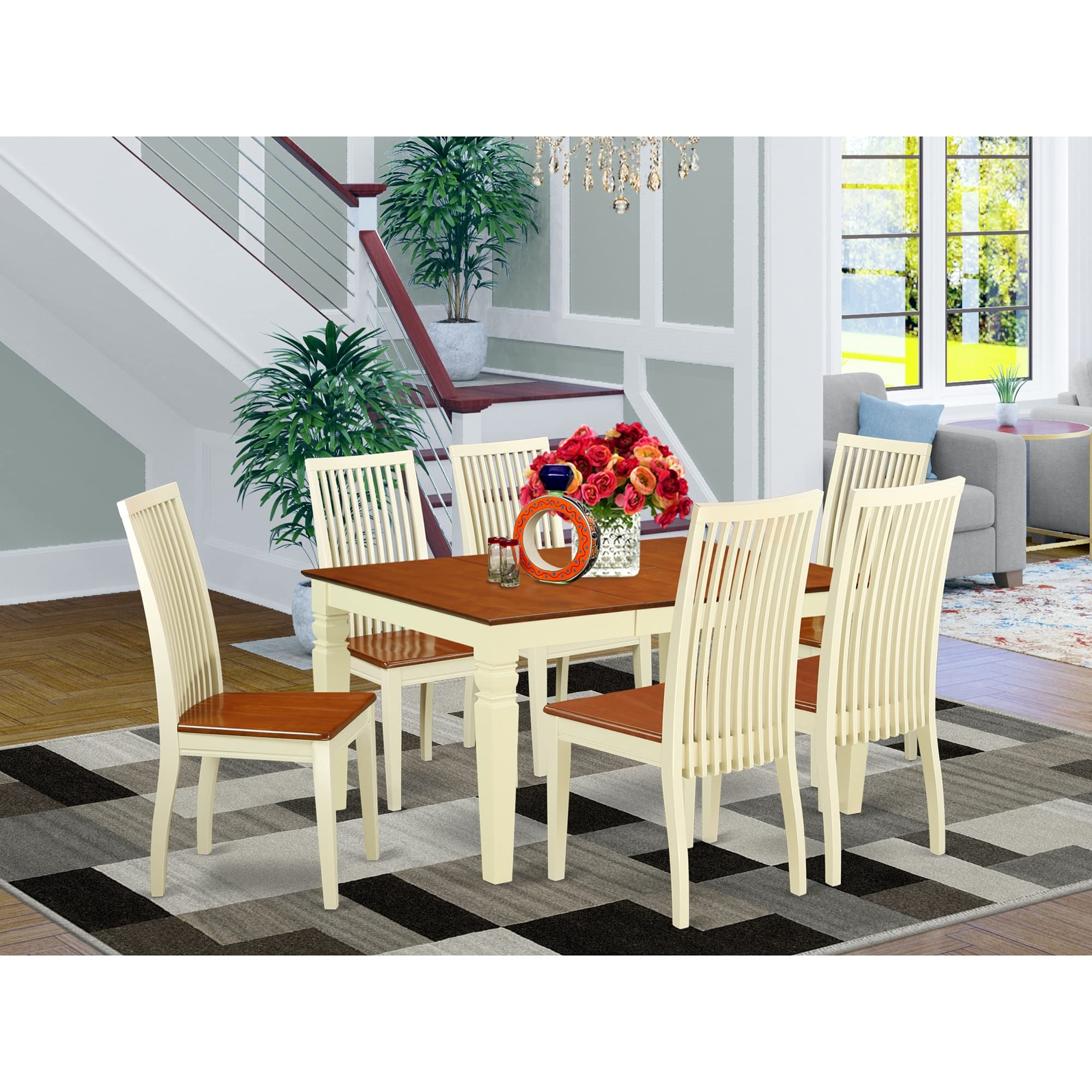 East West Furniture WEIP7-BMK-W 7 Piece Dining Set Consist of a Rectangle Dining Room Table with Butterfly Leaf and 6 Kitchen Chairs, 42x60 Inch, Buttermilk & Cherry